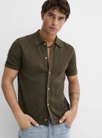 Le 31 Mens Patterned openwork knit Polo Shirt-collar cardigan