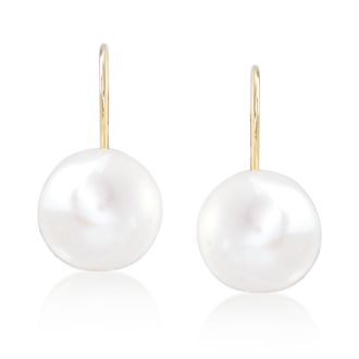 Ross-Simons 10-11mm Cultured Button Pearl Drop Earrings in 14kt Yellow Gold