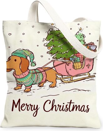 Generic Christmas Dog Canvas Tote Bags, Holiday Animal Pattern Reusable Grocery Bags, Vintage Festive Lightweight Washable Shoulder, White, 13x15 Inch