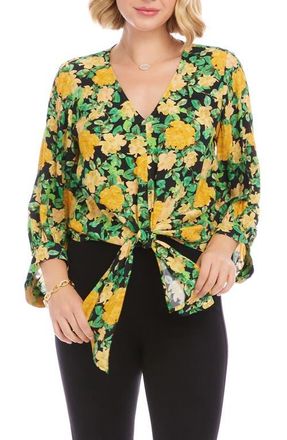 Karen Kane Floral Print Tie Front Top in Yellow Floral at Nordstrom, Size X-Large P