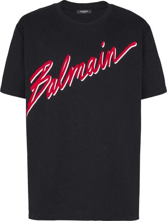 Balmain Mens Flocked Red Letter Logo T-Shirt in Black Cotton - Size X-Large
