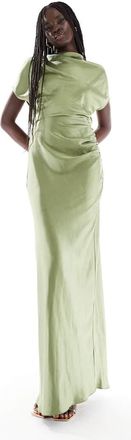 Six Stories Vestito lungo da damigella in raso verde muschio con arricciature drappeggiate