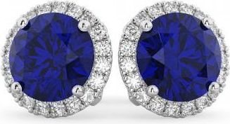 Allurez Halo Round Lab Blue Sapphire & Diamond Earrings 14k White Gold (5.17ct)