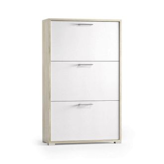 Dmora Zapatero Dlos, Mueble De Entrada Polivalente Con 3 Puertas Abatibles, Zapatero De Doble Profundidad, 100% Made In Italy, 67x28h112 Cm, Blanco Y Olmo -