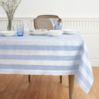 Solino Home Linen Tablecloth for Dining Table, Holiday and Everyday Dining Table Decor - Cabana Stripe in Sky Blue And White at Nordstrom, Size Medium