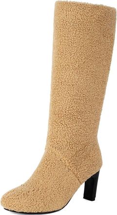 Generic Womens High Heeled Mid-Calf Boots Pull on Slouch Long Boots Round Toe Winter Casual Boot,Camel,3.5 UK