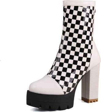 Generic Womens Fashion Ankle Boots Faux Patent Leather Checkerboard Design Block Heels Platform Comfortable Anti-Slip Wear-Resistant For Party Daily Outings S