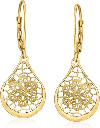 Ross-Simons Italian 14kt Yellow Gold Openwork Floral Lace Teardrop Earrings