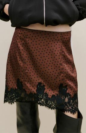 Mango Polka Dot Lace Trim Satin Skirt in Brown at Nordstrom, Size X-Small