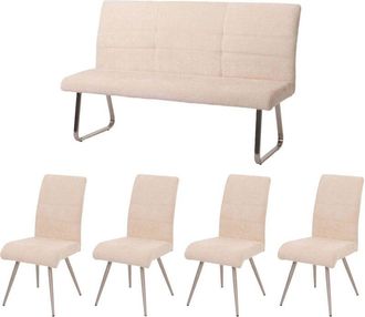 Hhg Hhg - Juego De Comedor 102, Juego De 4 Sillas + Banco 160cm, Acero Inoxidable Cepillado Tela/textil Chenilla, Crema