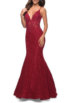 La Femme Mermaid Lace Prom Dress with Sheer Jeweled Bodice in Red at Nordstrom, Size 00