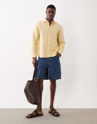 Selected Camicia a maniche lunghe in misto lino gialla-Giallo