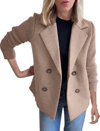 Generic Womens Lapel Knitted Patchwork Sleeve Casual Coat Cropped Double Breasted Suit Sweater For Women Warmest Lightweight Jacket (Coffee, XXXL)