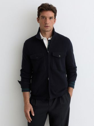 Reiss Navy Wool Knitted Zip-through Overshirt, 2XL