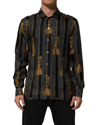 Dolce & Gabbana Mens Black Dotted Tassel Silk Button Down Shirt