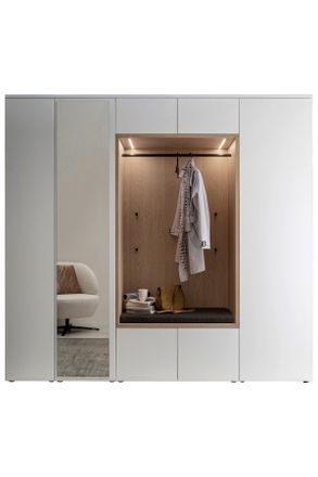 Moderano Garderobe, Weiß, Eichefarben, Holzwerkstoff, Textil, 7-teilig, 250x233x59 cm, Garderobe, Garderoben-Sets & Garderoben-Serien