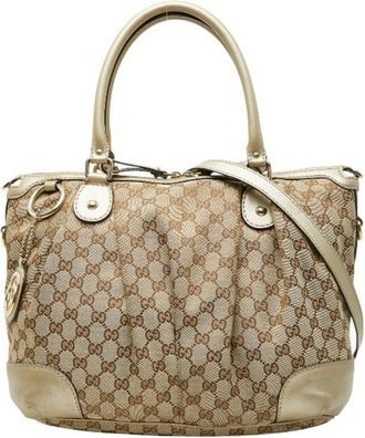 Gucci Beige Brown Canvas Leather Shoulder Bag Tote Bag (Pre-Owned)