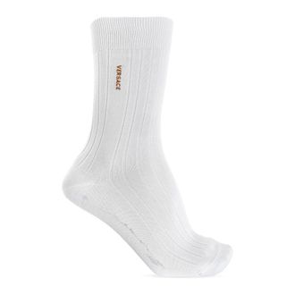 Versace Socks, male, White, Size: L Embroidered Ribbed Logo Socks