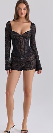 House of CB Charelle top corsetto a maniche lunghe in pizzo decorato nero
