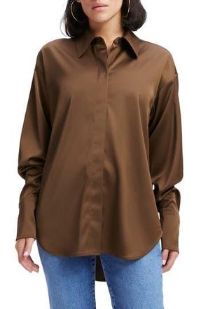 Good American Stretch Satin Button-Up Shirt in Light Mocha004 at Nordstrom Rack, Size Large/x-Large