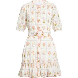 Sugarlips Diane Floral Redna Belted Cotton Button-Up Minidress in Coral-Multi at Nordstrom, Size X-Large