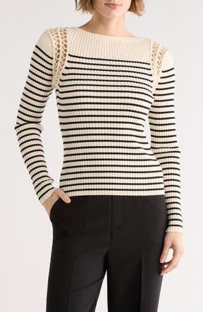 Elie Tahari Stripe Boat Neck Sweater in Ivory/Black Stripe at Nordstrom Rack, Size X-Small