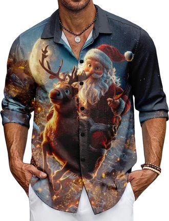 Generic Mens Christmas Shirt Long Sleeve Xmas Holiday Party Dress Shirts Button Down Funny Print Hawaiian Santa Shirt (UK, Alpha, 3XL, Regular, Regular, Style