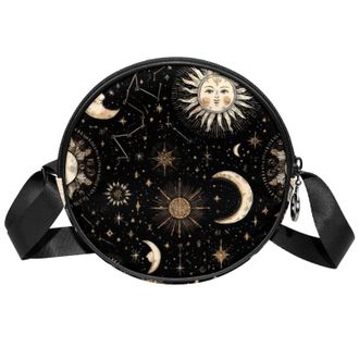 Generic Circle Crossbody Bag for Women, Retro Celestial Pattern Small Sling Bag Daypack with Zipper Adjustable Shoulder Straps Casual Ladies Girls Round Purse