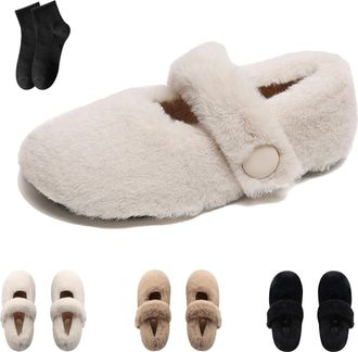 Generic Winter Shoes Fur Ballet Flats for Women Cozy Fur Lined Slip on Mary Jane Shoes Winter Warm Comfortable Slip on Flats Soft House Slippers Buckle Strap