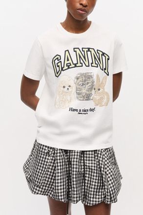 Ganni White Animal Print T-shirt - Size XXS Organic Cotton