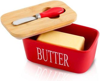 OEM Mantequera De Cer&aacute;mica Con Tapa De Bamb&uacute;, Mantequera Con Tapa, Recipiente Herm&eacute;tico Para Mantequilla Con Tapa, Mantequilla Roja