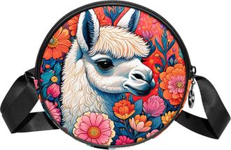 Generic Circle Crossbody Bag for Women, Color Drawing Alpaca Small Sling Bag Daypack with Zipper Adjustable Shoulder Straps Casual Ladies Girls Round Purse