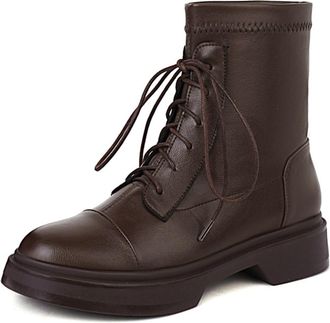 Generic Womens Lace Up Ankle Boots Round Toe Chunky Block Heel PU Leather Combat Boots Comfortable Non Slip Durable Fashionable for Daily Street Outdoor Walki