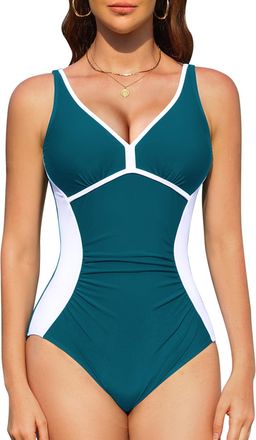 SHEKINI Women Tummy Control Swimsuit One Piece V Neck Modest Coverage Bathing Suit Ruched Swimwear