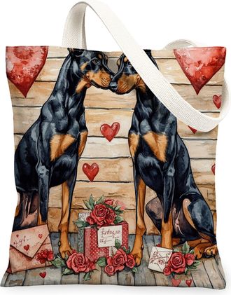 Generic Valentines Day Golden Doodle Dog Canvas Tote Bag for Shopping 13x15, Rustic Couple Puppy Reusable Grocery Print Bag for Women, Pet Beach Aesthetic Pai