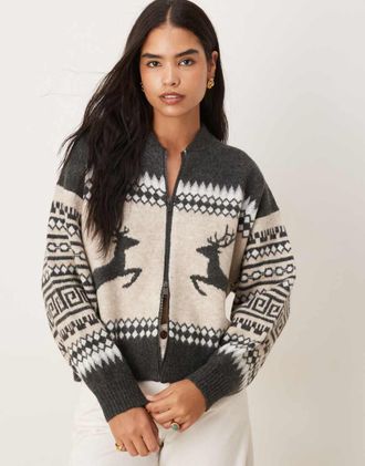 Asos Cardigan stile bomber grigio con motivo Fair Isle con renne