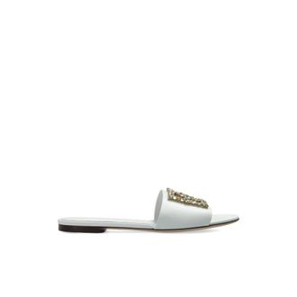Dolce & Gabbana Schoenen, Dames, Wit, 37 1/2 EU, Leren slippers met glinsterende versieringen