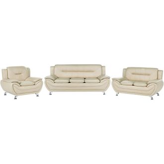 Beliani 6 Seater Sofa Set Beige Vegan Eco Leather Sofa Couch Armchair Silver Metal Legs Easy Clean Modern Glam Style Living Room LEIRA