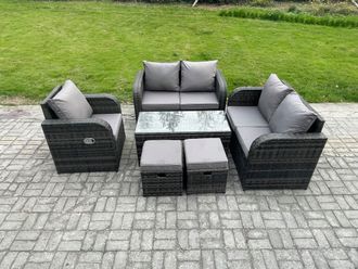 Fimous Patio Garden Furniture Sets Wicker Outdoor Rattan Furniture Sofa Sets with Rectangular Coffee Table Love seat Sofa 2 Small Footstools