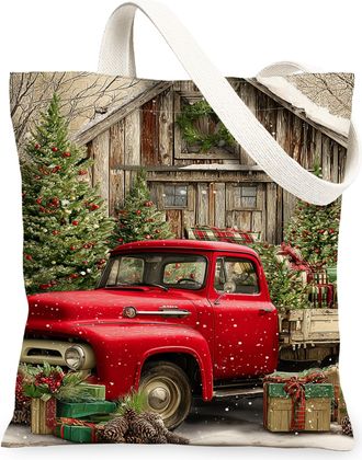 Generic Christmas Vintage Truck Canvas Tote Bags, Rustic Holiday Scene Reusable Grocery Bags, Lightweight Washable Shoulder Strap C, Red, 13x15 Inch