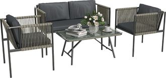 OUTSUNNY 4 Seater Wicker Outdoor Furniture Set with Glass Coffee Table Grey | TJ Hughes