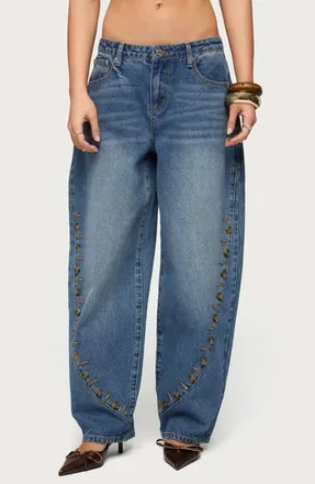 Edikted Button Stitch Barrel Leg Jeans in Blue-Washed at Nordstrom, Size X-Small