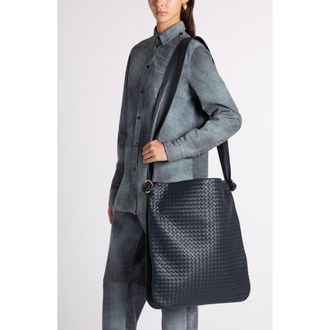 Bottega Veneta Corriere Intrecciato Leather Tote Bag in 4346 Midnight-Brass V at Nordstrom