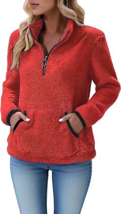 Generic Teddy Fleece Tops for Women Quarter Zip Lapel Soft Plush Sweatshirts with Pocket Ladies Winter Warm Fluffy Pullover(Red, S)