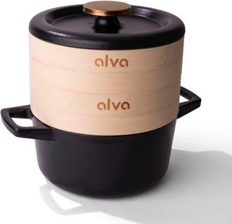 alva Nori 2.5 Qt Enameled Cast Iron Cocotte Dutch Oven & Steamer Set in Black at Nordstrom