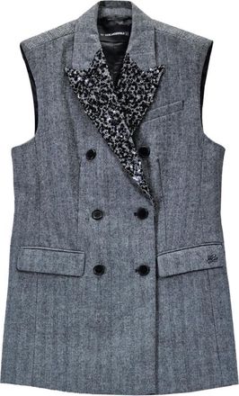 Karl Lagerfeld Tweed Gilet met Versierde Revers - Dames - Gillet - Grijs - 2XL - Tweed - Kostuums