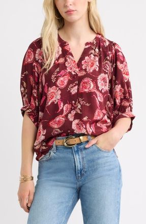 Treasure & Bond Raglan Sleeve Button-Up Shirt in Burgundy Ornate Floral at Nordstrom, Size Xx-Small