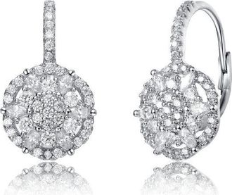 Rachel Glauber White Gold Plated with Clear Cubic Zirconia Flower Cluster Halo Dangle Earrings with Leverbacks
