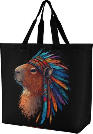 Generic Native Indian Capybara Tote Bag Reusable Grocery Shopping Bags Large Travel One Shoulder Handbag for Picnic Work