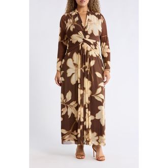 Anne Klein Floral Print Twist Front Long Sleeve Maxi Dress in Molasses Multi at Nordstrom, Size 2X
